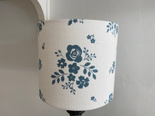 Load image into Gallery viewer, Lampshade - Linen & Rose Damson Denim on white linen - 20cm drum lampshade