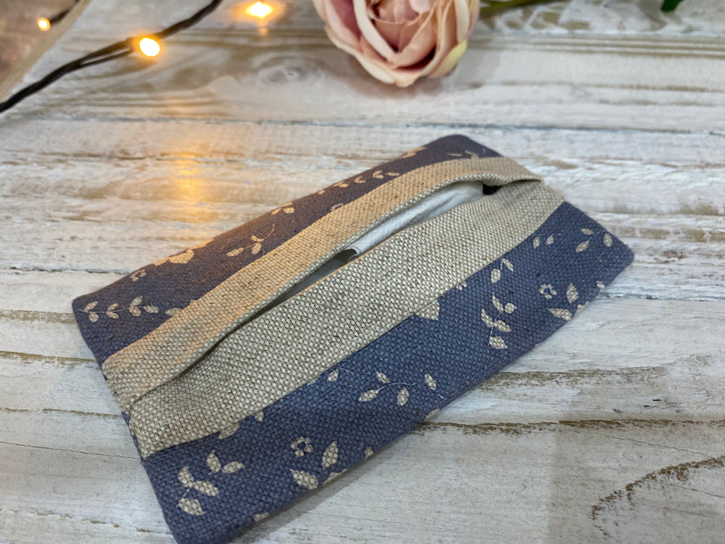Pocket Tissue cover - Linen and Rose - Emilia Denim on natural linen