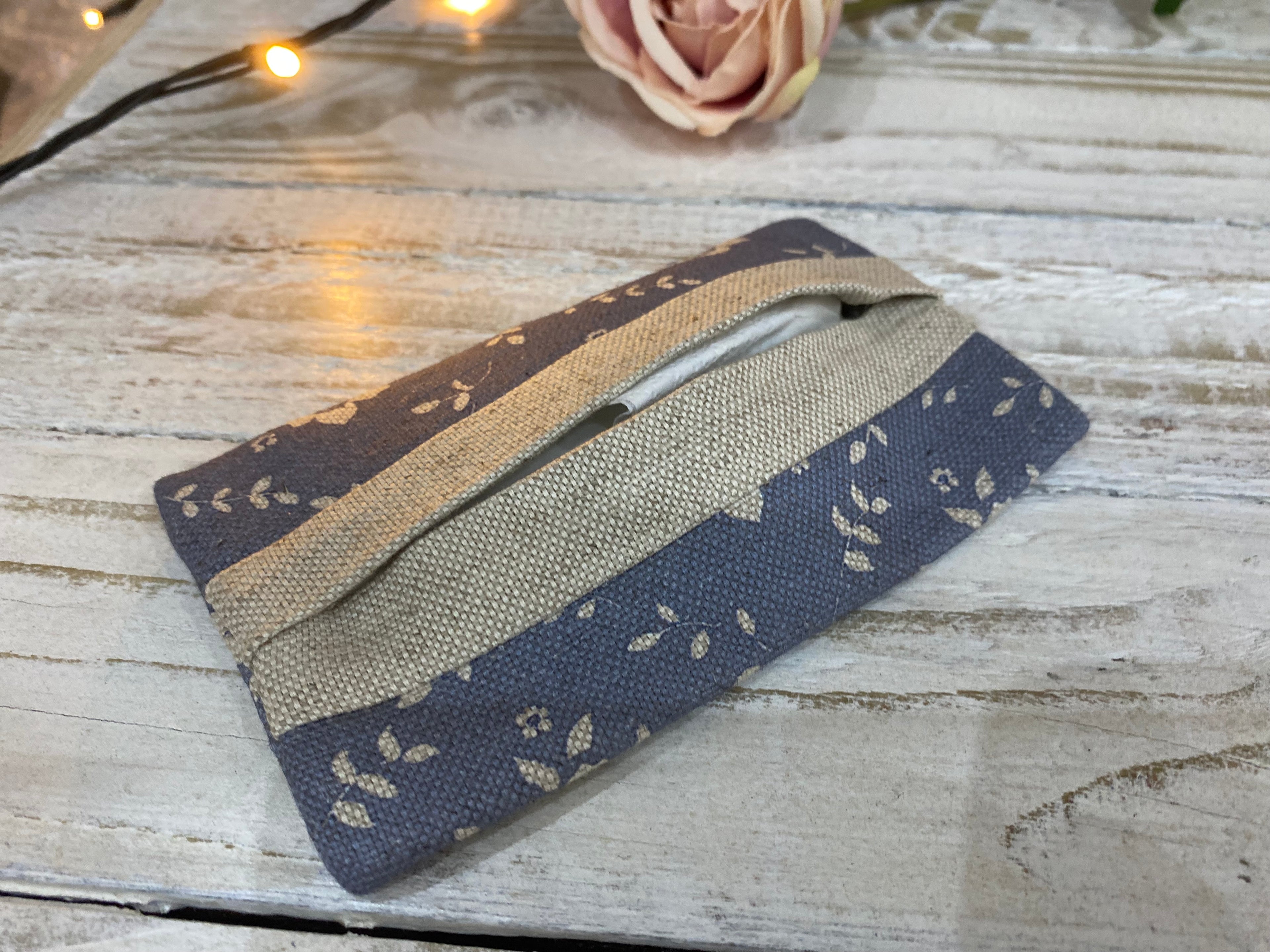 Pocket Tissue cover - Linen and Rose - Emilia Denim on natural linen