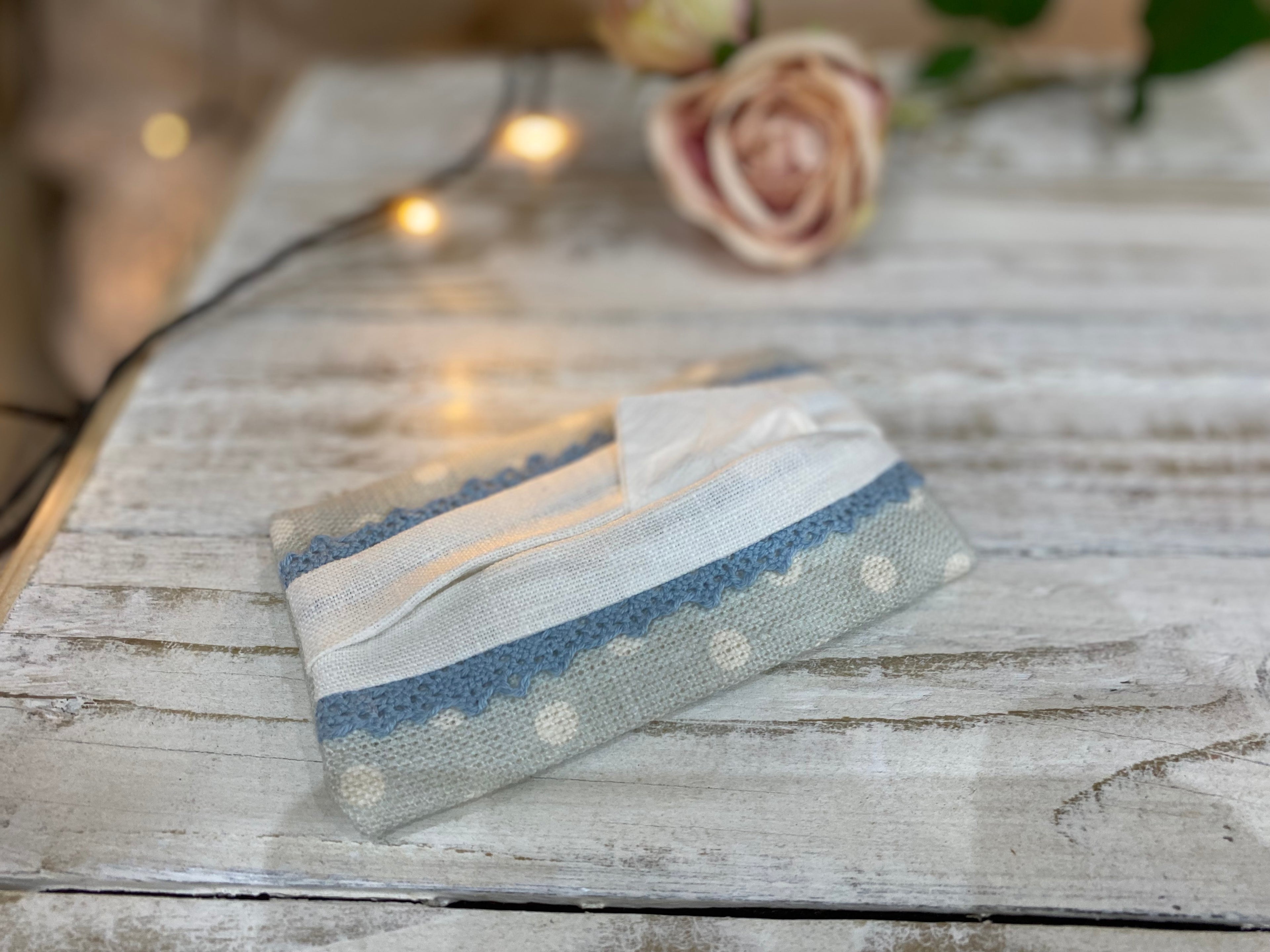 Pocket Tissue cover - Sarah Hardaker - Blue spot with lace trim