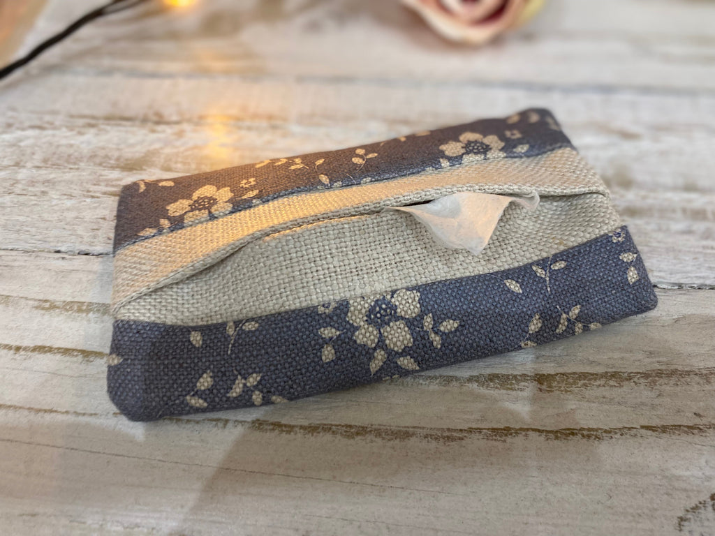Pocket Tissue cover - Linen and Rose - Emilia Denim on natural linen