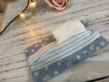 Load image into Gallery viewer, Pocket Tissue cover - Linen and Rose - Blue Ditsy stripe lining
