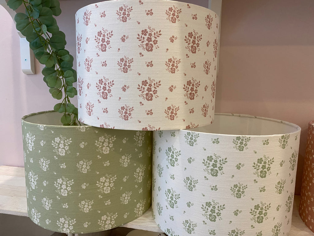 Lampshade - Linen and Rose Damson Fog on white linen - 30cm drum
