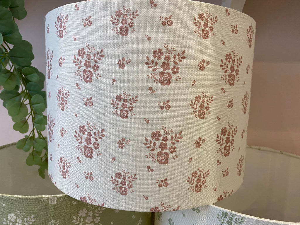 Lampshade - Linen and Rose Damson Mauve on white linen - 30cm drum