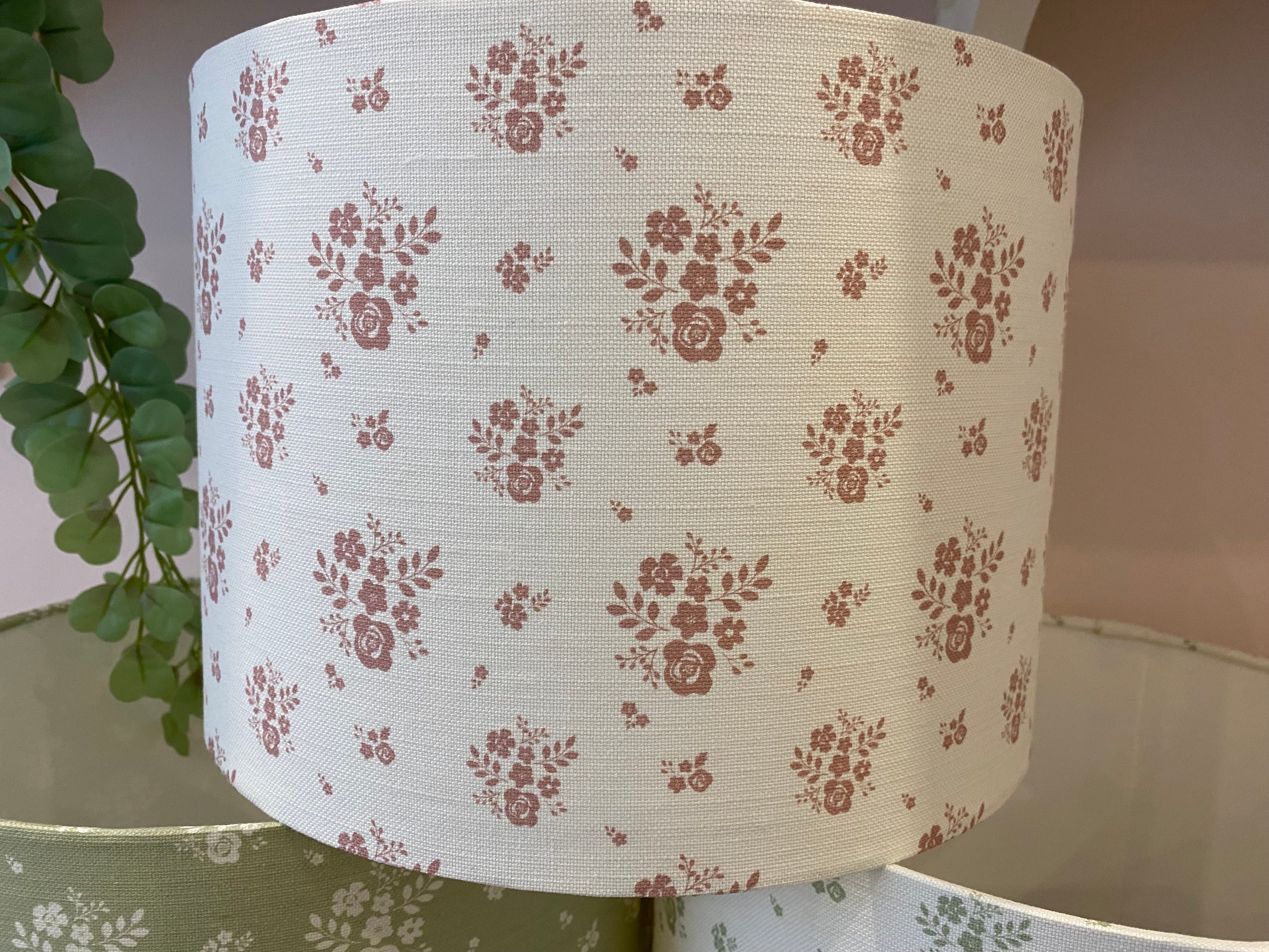 Lampshade - Linen and Rose Damson Mauve on white linen - 30cm drum