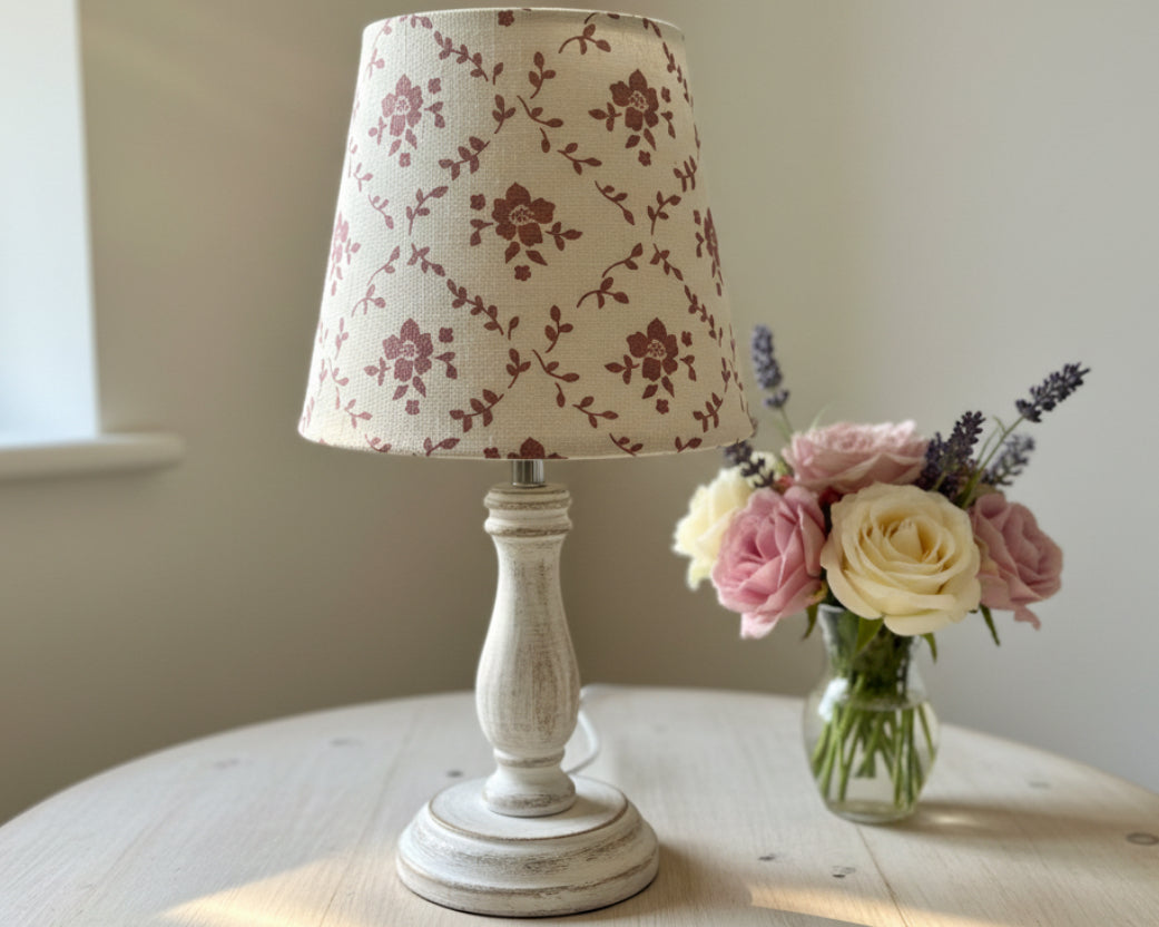 Mini Empire Lampshade - Linen & Rose - Emilia Foxglove on white linen - 15cm