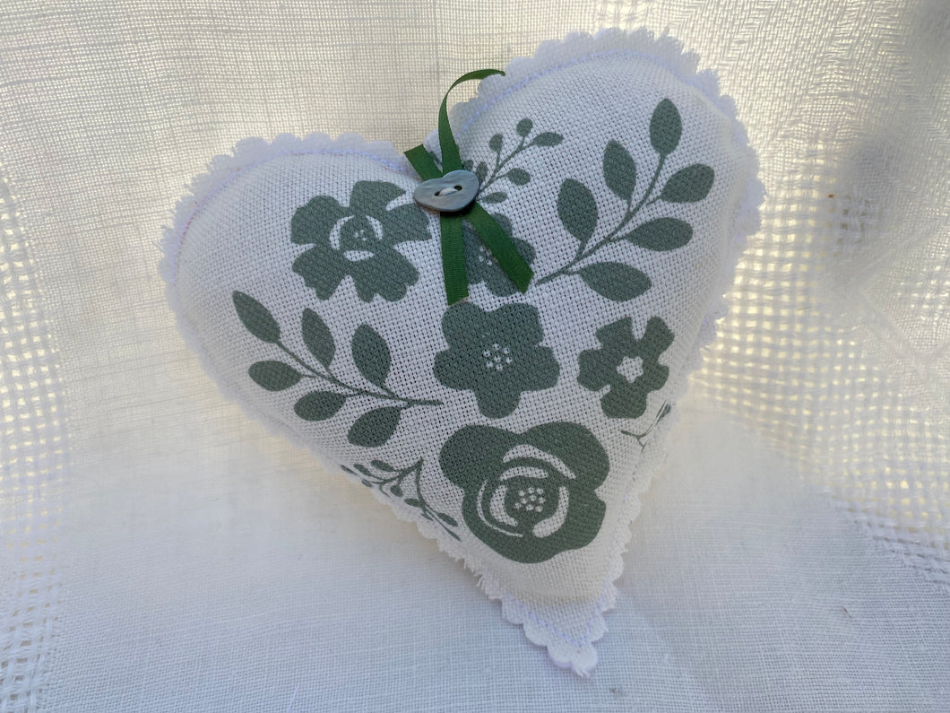 Handmade Lavender Heart made in Damson green on white linen