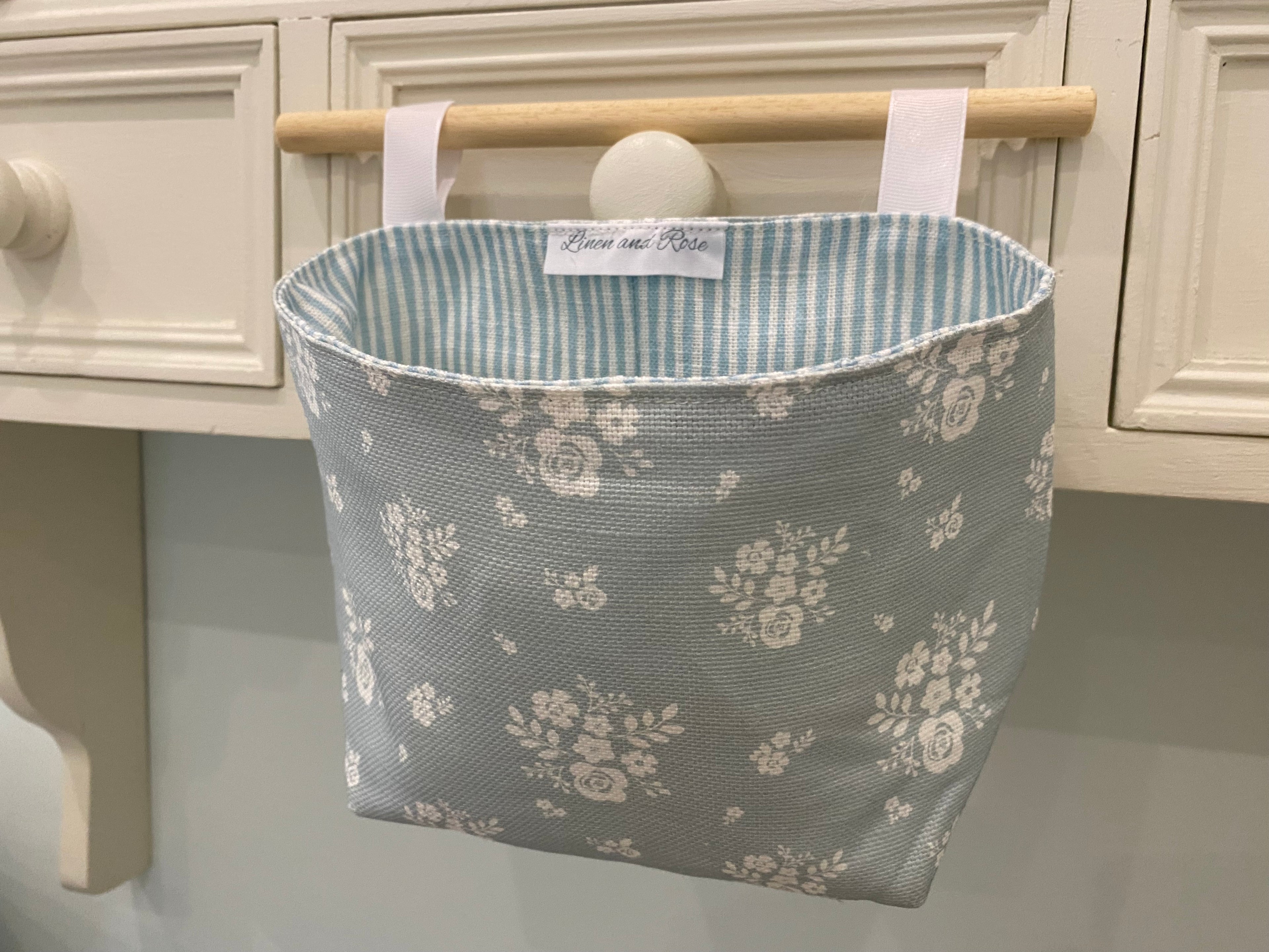 Hanging Fabric Basket - Linen & Rose Damson  - Duck egg Blue