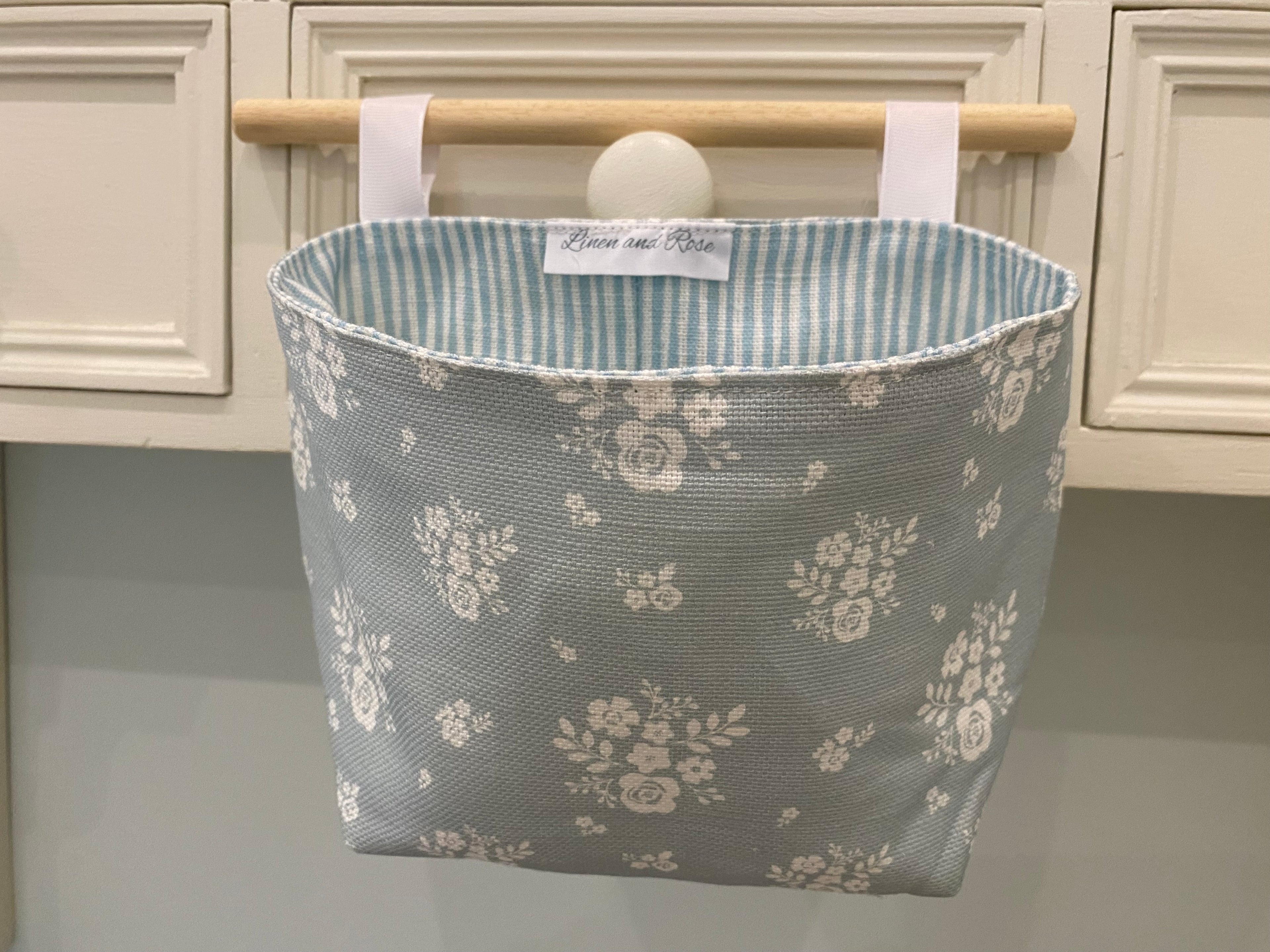 Hanging Fabric Basket - Linen & Rose Damson  - Duck egg Blue
