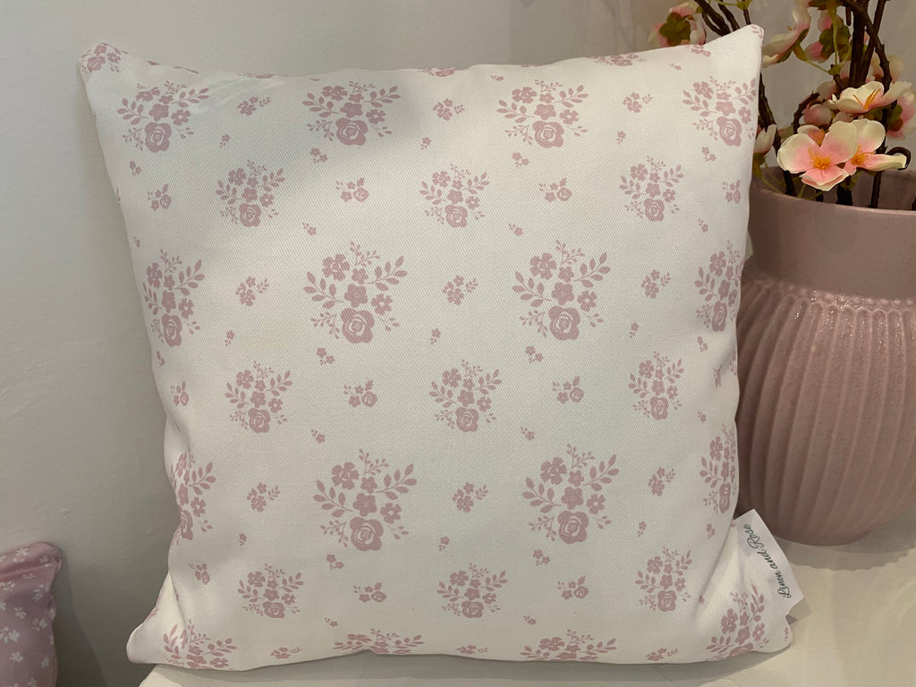 Cushion Cover - Linen and Rose Primrose Damson on white - 32cm x 32cm