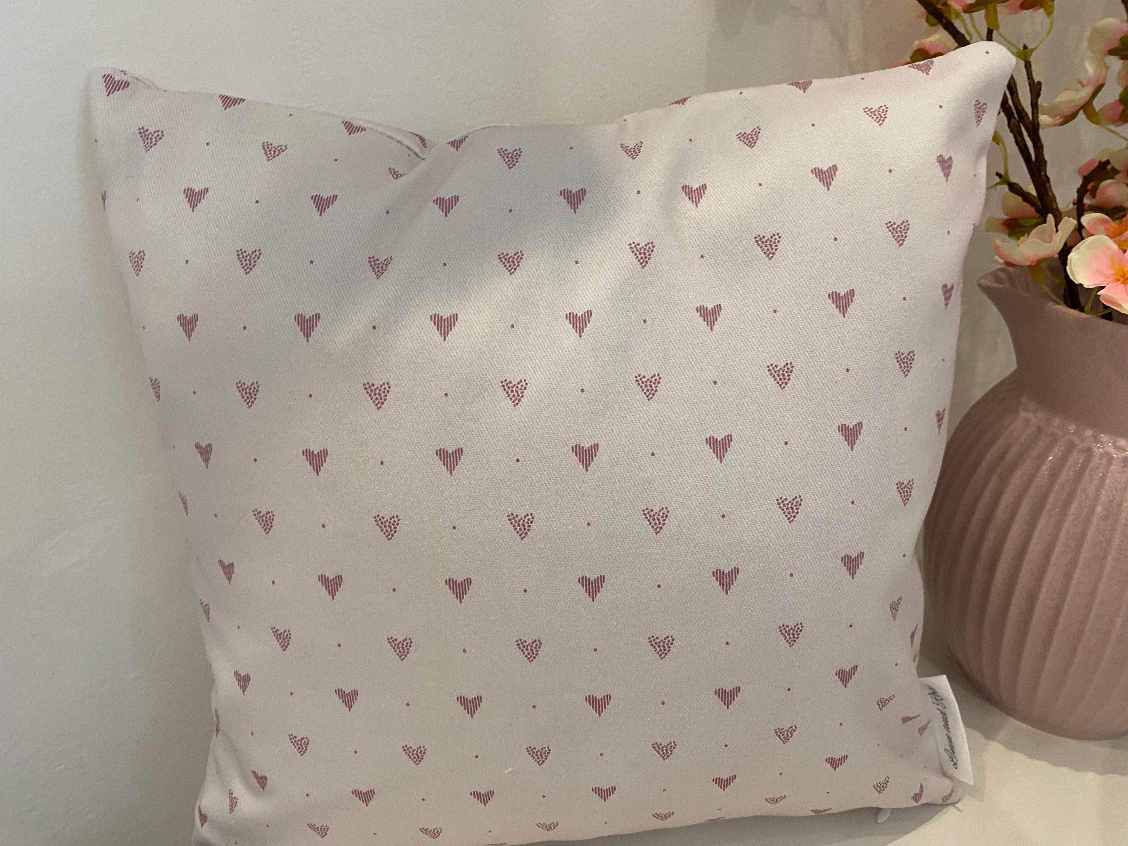 Cushion Cover - Linen and Rose Foxglove Hearts  - 32cm x 32cm
