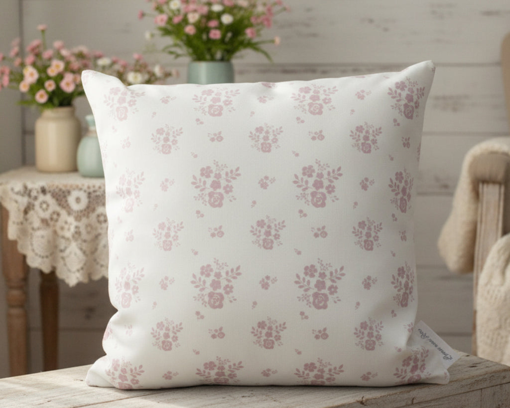 Cushion Cover - Linen and Rose Primrose Damson on white - 32cm x 32cm