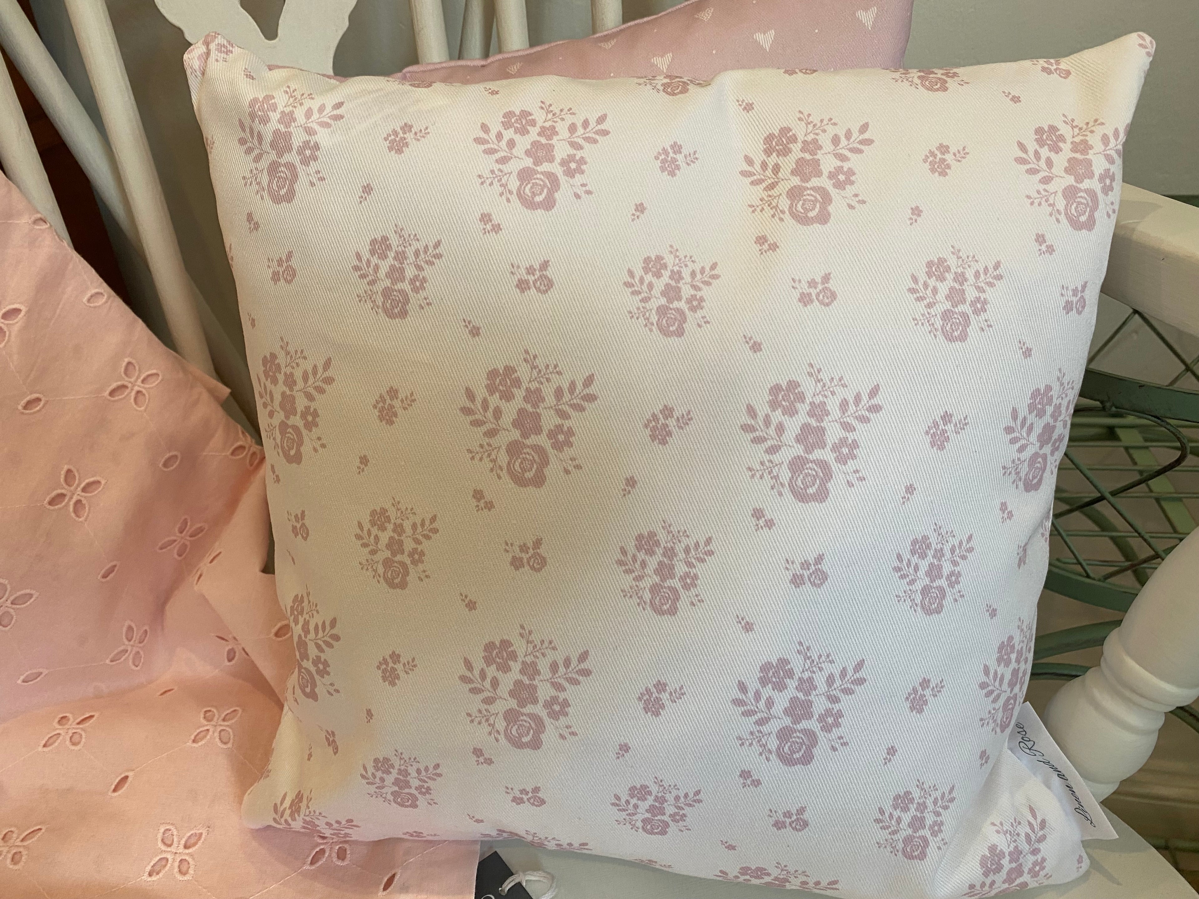 Cushion Cover - Linen and Rose Primrose Damson on white - 32cm x 32cm