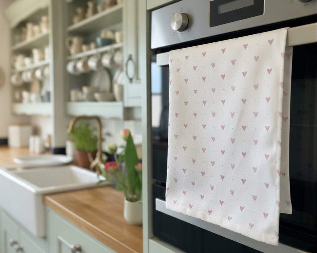 Tea Towel - Linen and Rose - Hearts  - Foxglove hearts