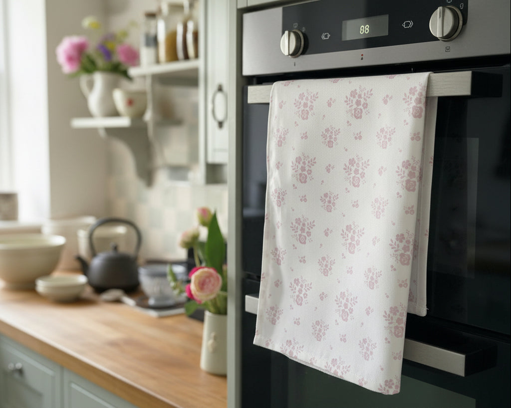 Tea Towel - Linen and Rose - Damson  - Primrose Pink on White