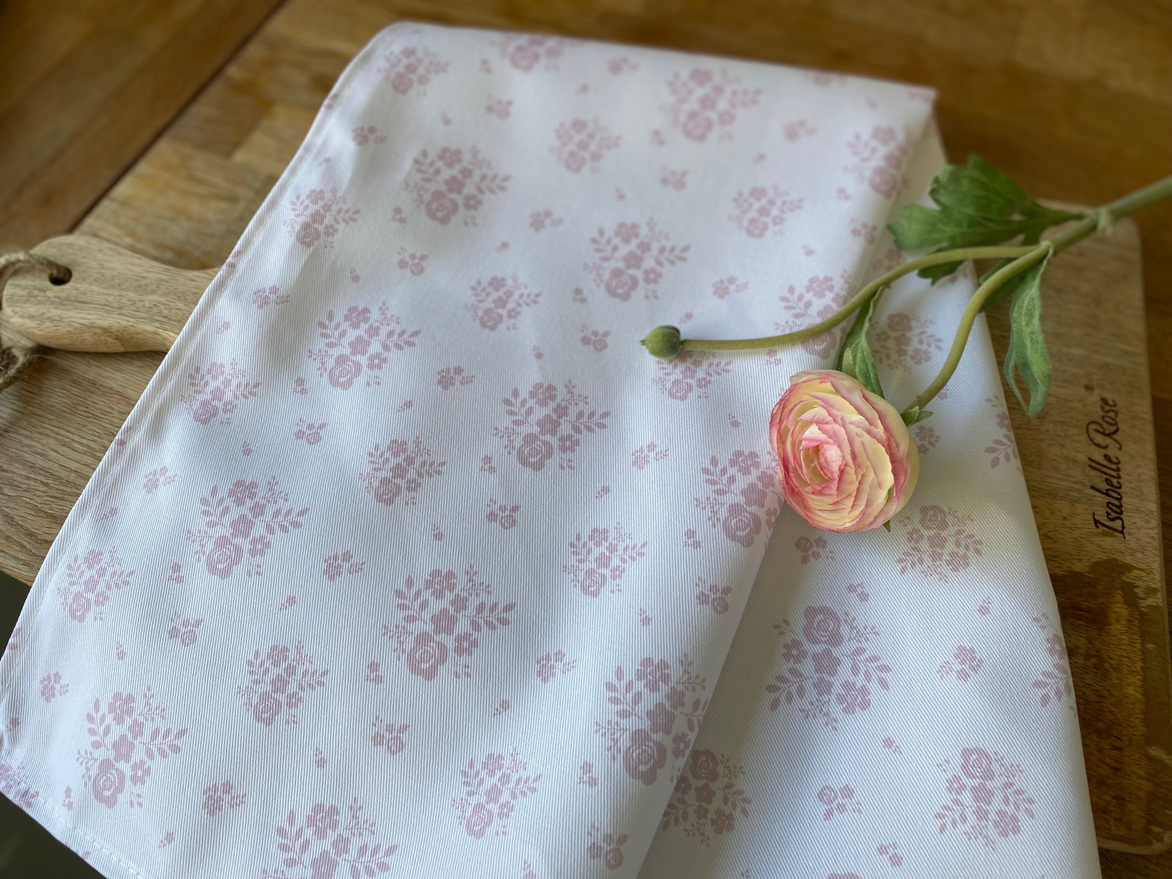 Tea Towel - Linen and Rose - Damson  - Primrose Pink on White