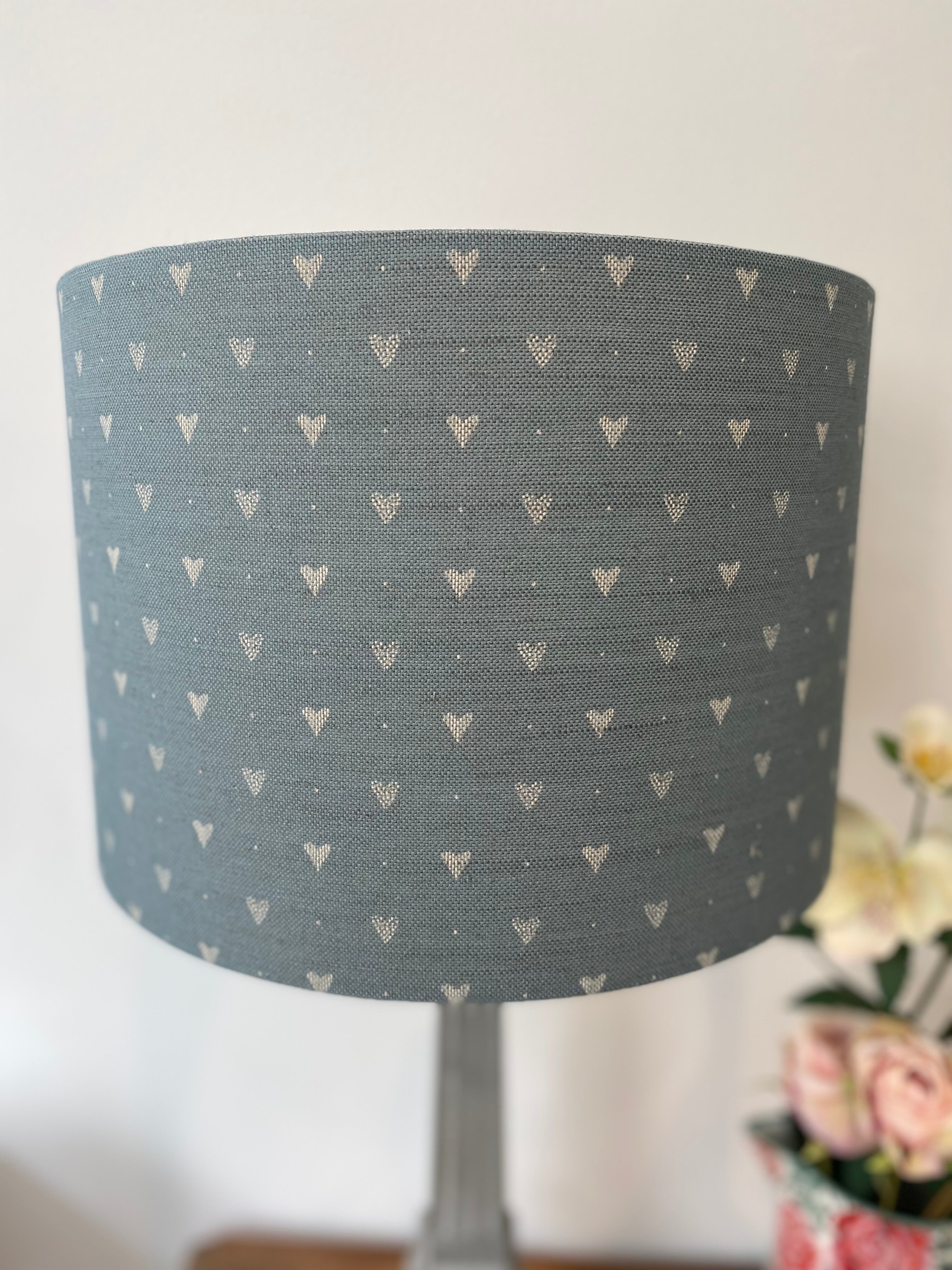Lampshade - Linen and Rose Hearts denim on stone linen - 30cm drum