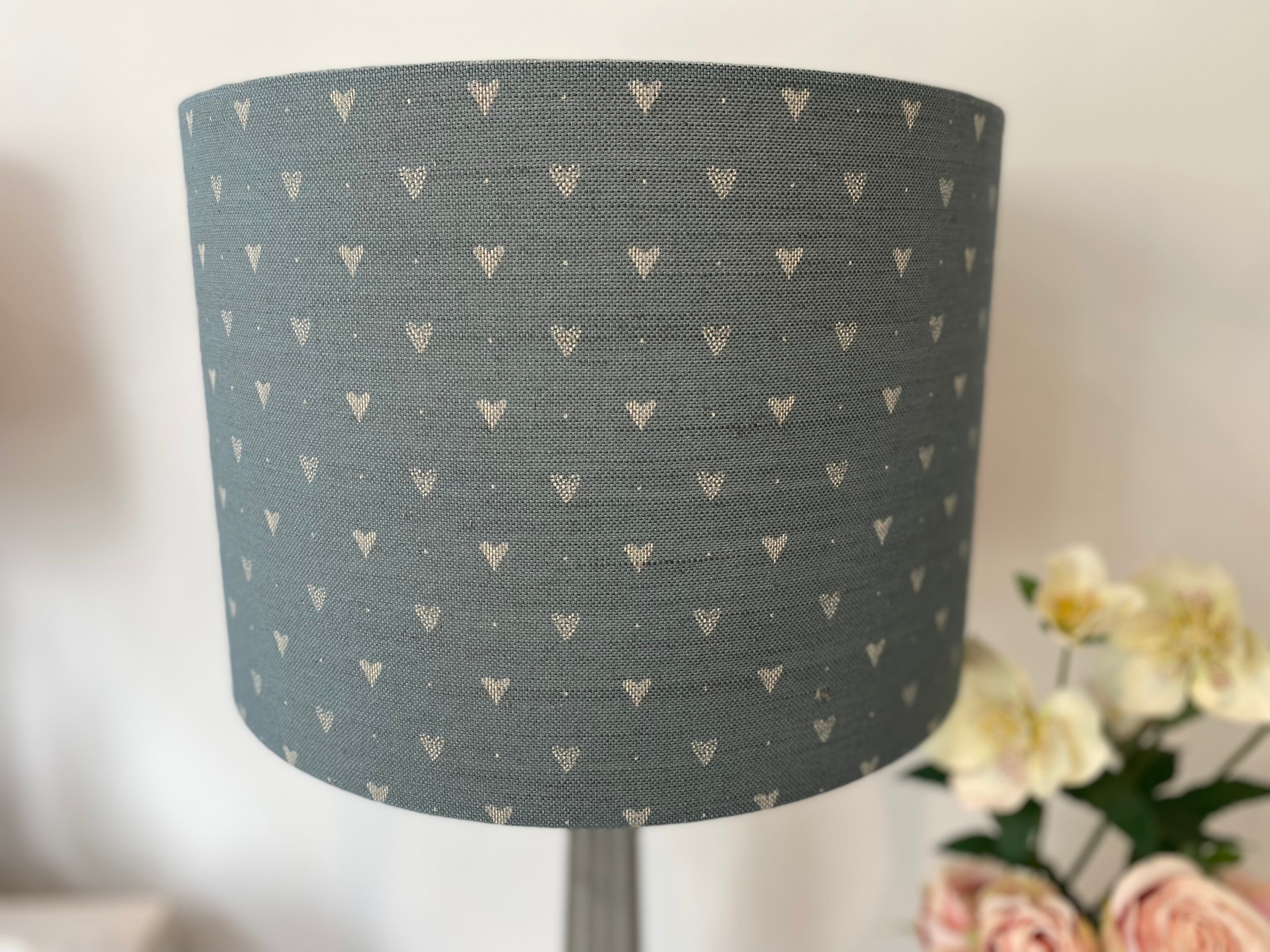 Lampshade - Linen and Rose Hearts denim on stone linen - 30cm drum