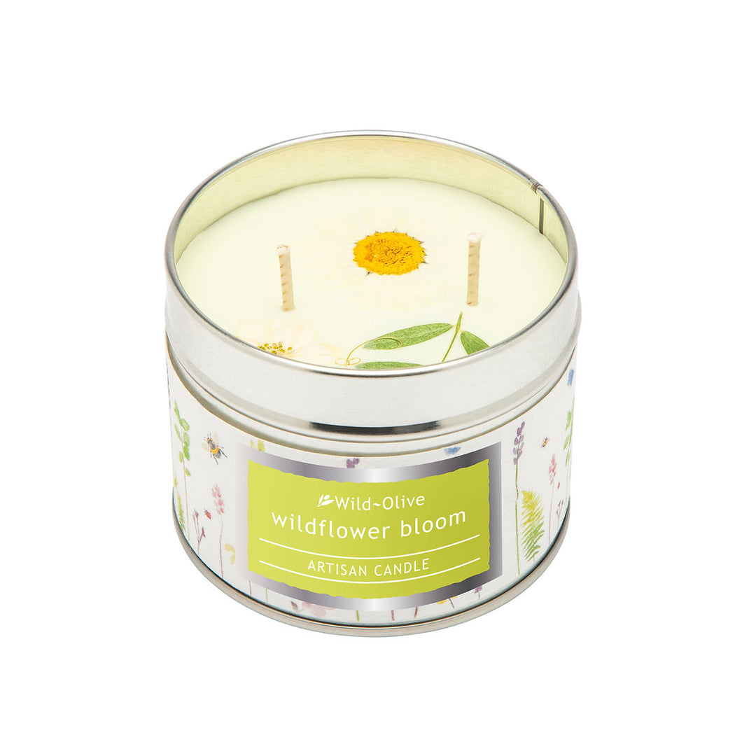 Wild Flower Bloom Artisan Candle tin with pressed flowers - Wild Olive