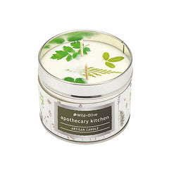 The Apothecary Kitchen Artisan Candle tin with pressed flowers - Wild Olive