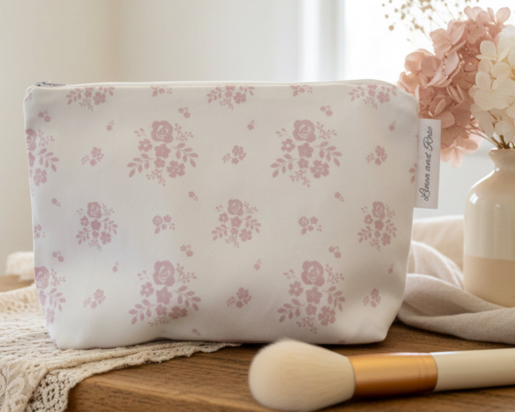 Cotton Cosmetic bag - Damson Primrose Pink on white