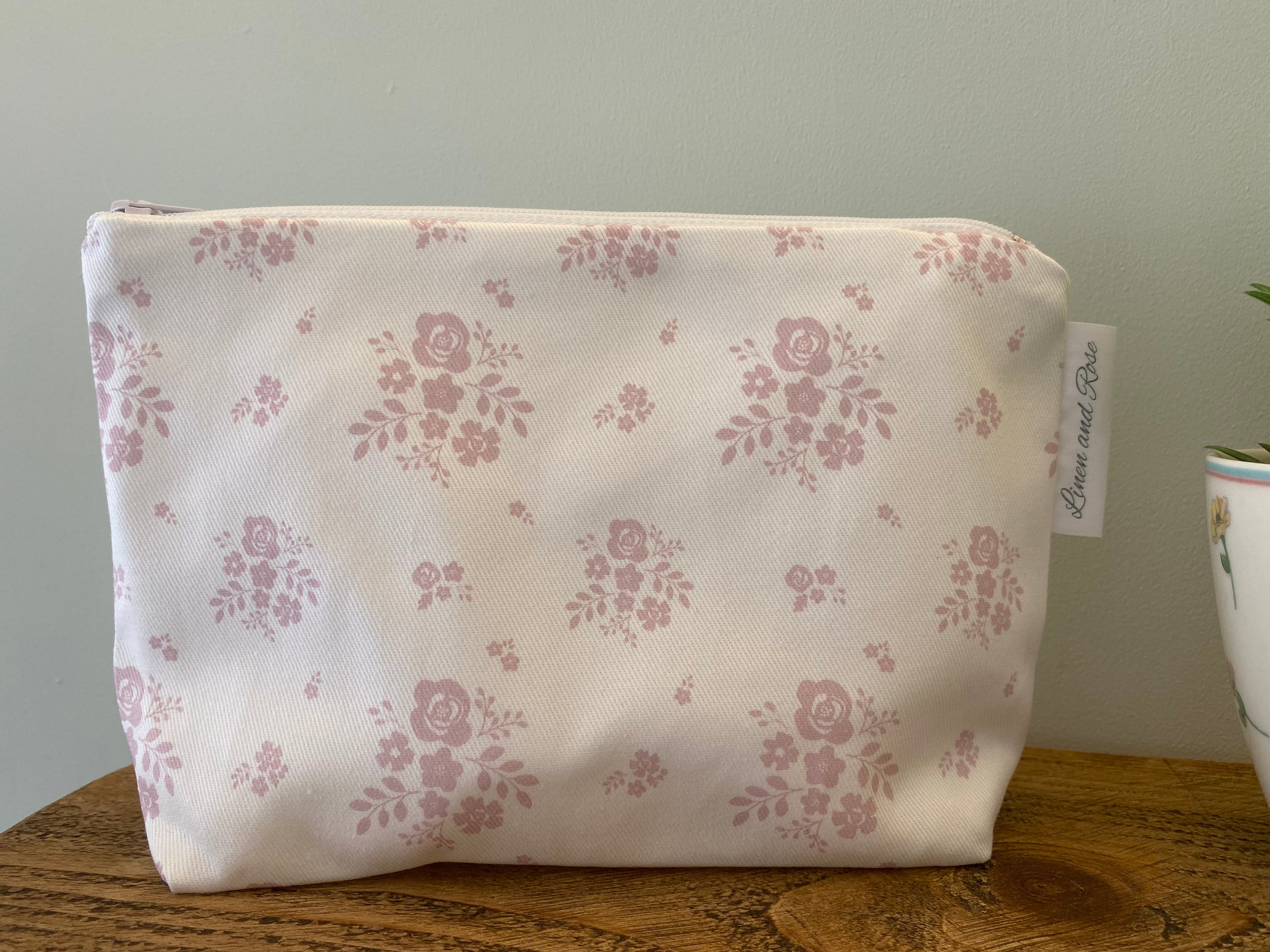 Cotton Cosmetic bag - Damson Primrose Pink on white