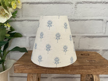 Load image into Gallery viewer, Candle Clip Lampshade - Peony and Sage - Blue on cream linen
