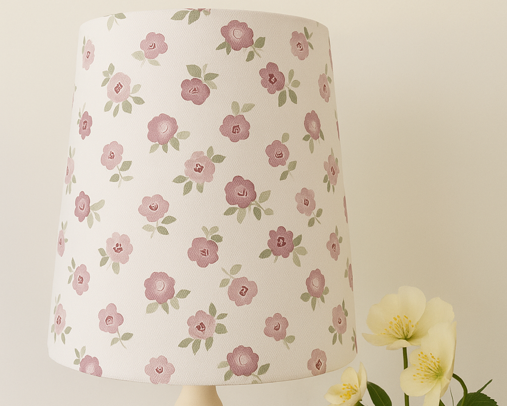 Floral patterned lampshade on a stand with a beige background