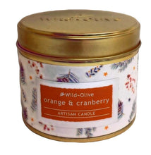Load image into Gallery viewer, Orange and Cranberry Artisan Candle tin with pressed flowers - Wild Olive
