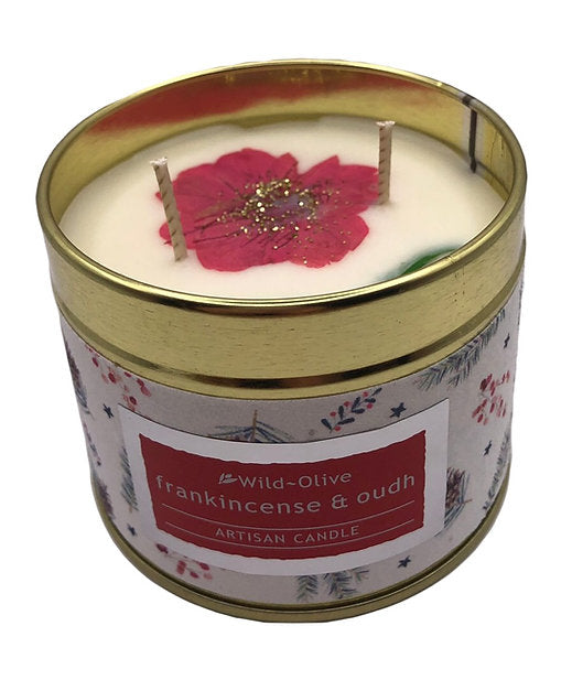 Frankincense Artisan Candle tin with pressed flowers - Wild Olive