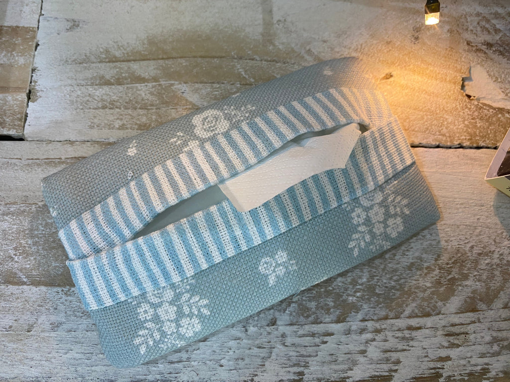 Pocket Tissue cover - Linen and Rose Damson Duck Egg Blue / Aqua stripe