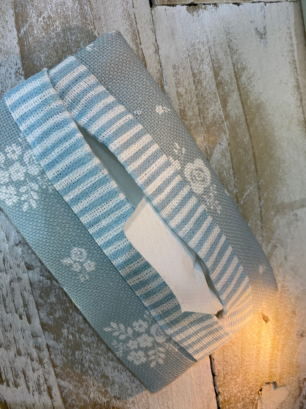 Pocket Tissue cover - Linen and Rose Damson Duck Egg Blue / Aqua stripe