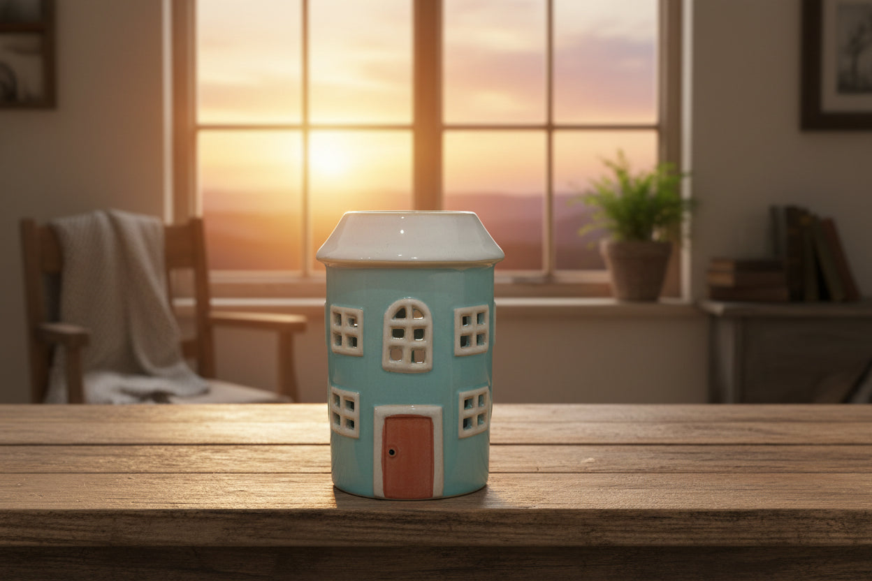 Ceramic house-shaped vase with a white roof on a white background