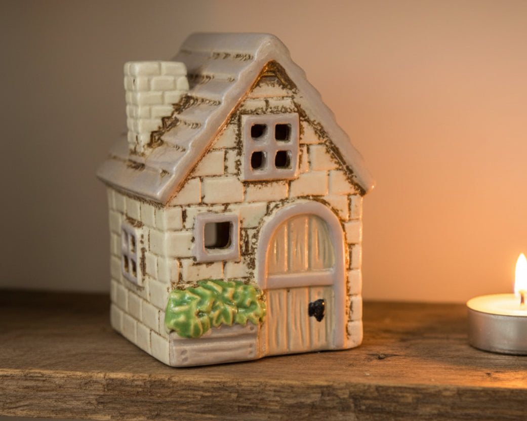 Tea Light cottage - Cute neutral ceramic tea light house