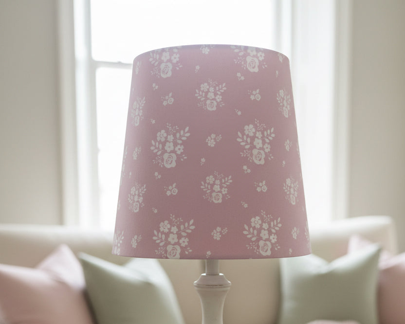 Empire Lampshade - Linen & Rose -  Damson Primrose Pink on White Cotton - 20cm Empire