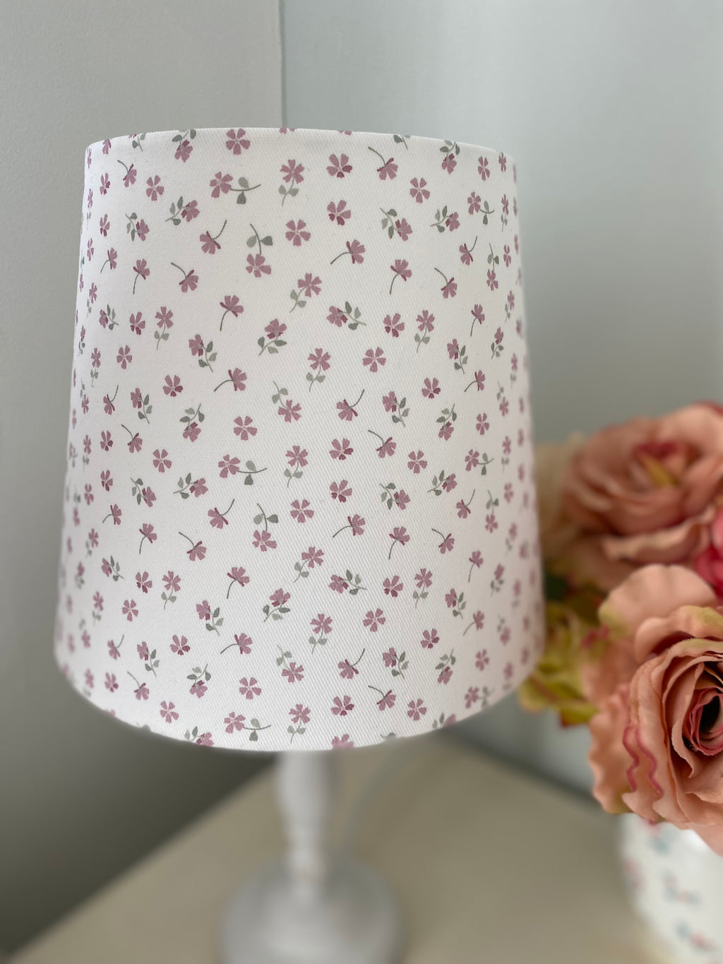 Empire Lampshade - Linen & Rose -  Ditsy multi Pink on White Cotton - 20cm Empire