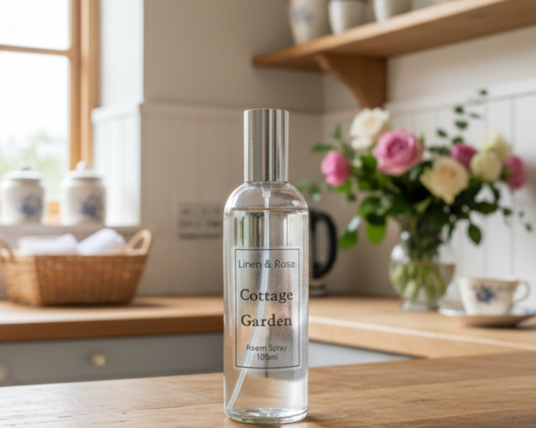 Room spray in clear bottle with silver top