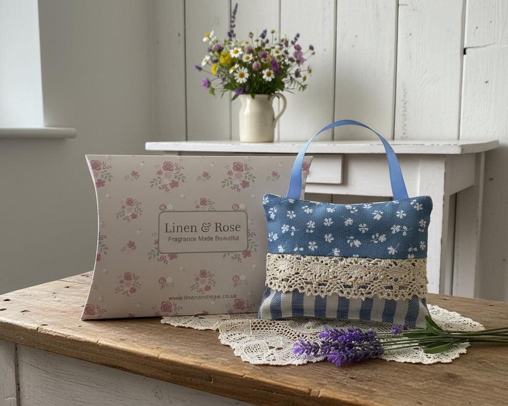 Hanging Lavender Pouch - Blue Ditsy and Stripe