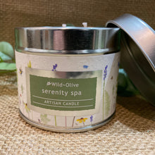 Load image into Gallery viewer, Serenity Spa Artisan Candle tin with pressed flowers - Wild Olive
