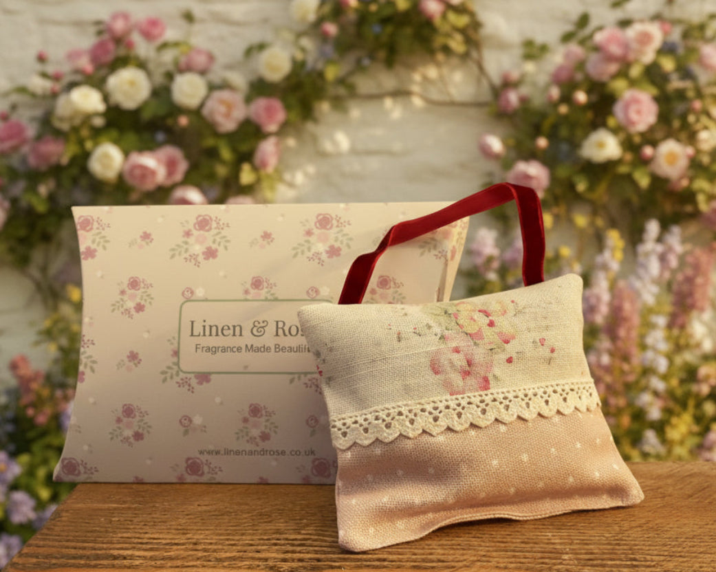 Hanging Lavender Pouch - Peony & Sage Sweet Pea Red ribbon