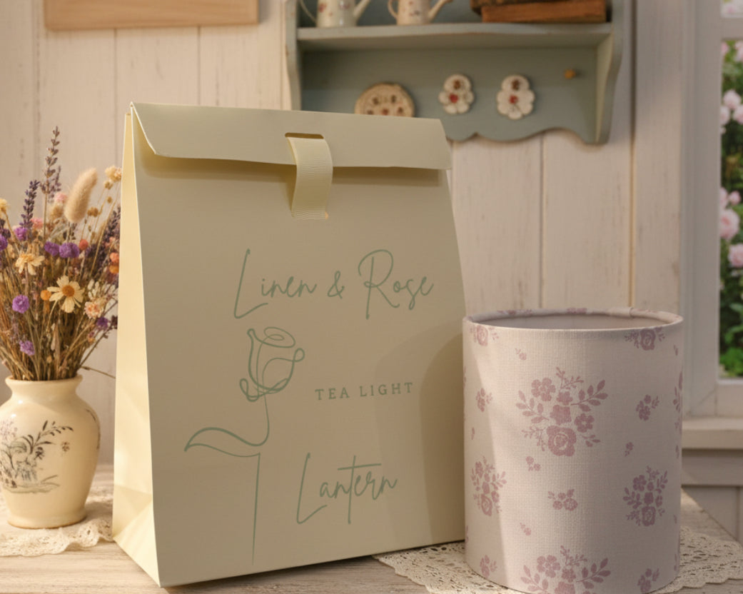 Lantern - Linen & Rose - Primrose Damson on white - Free Gift Box