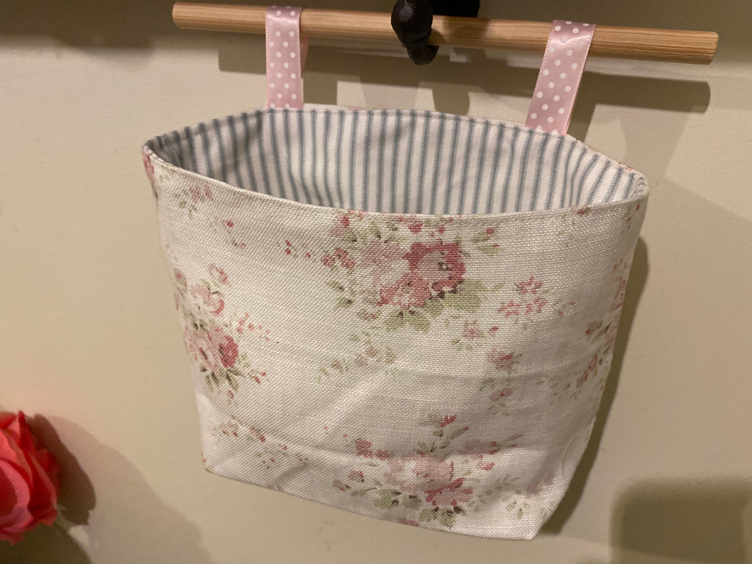 Hanging Fabric Basket - Peony and Sage Hattie and Duck Egg Stripe