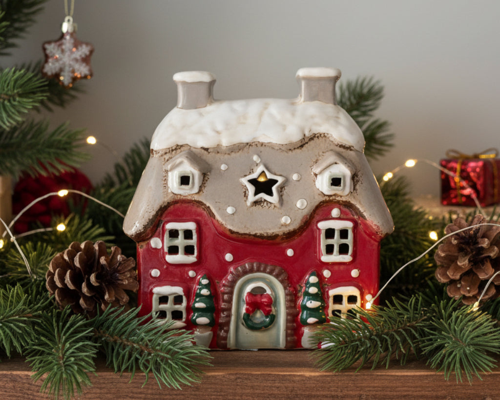 Tea Light holder Christmas Cottage red embossed stoneware