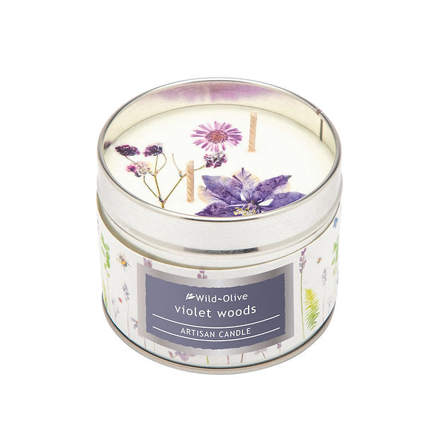 Violet Woods Artisan Candle tin with pressed flowers - Wild Olive