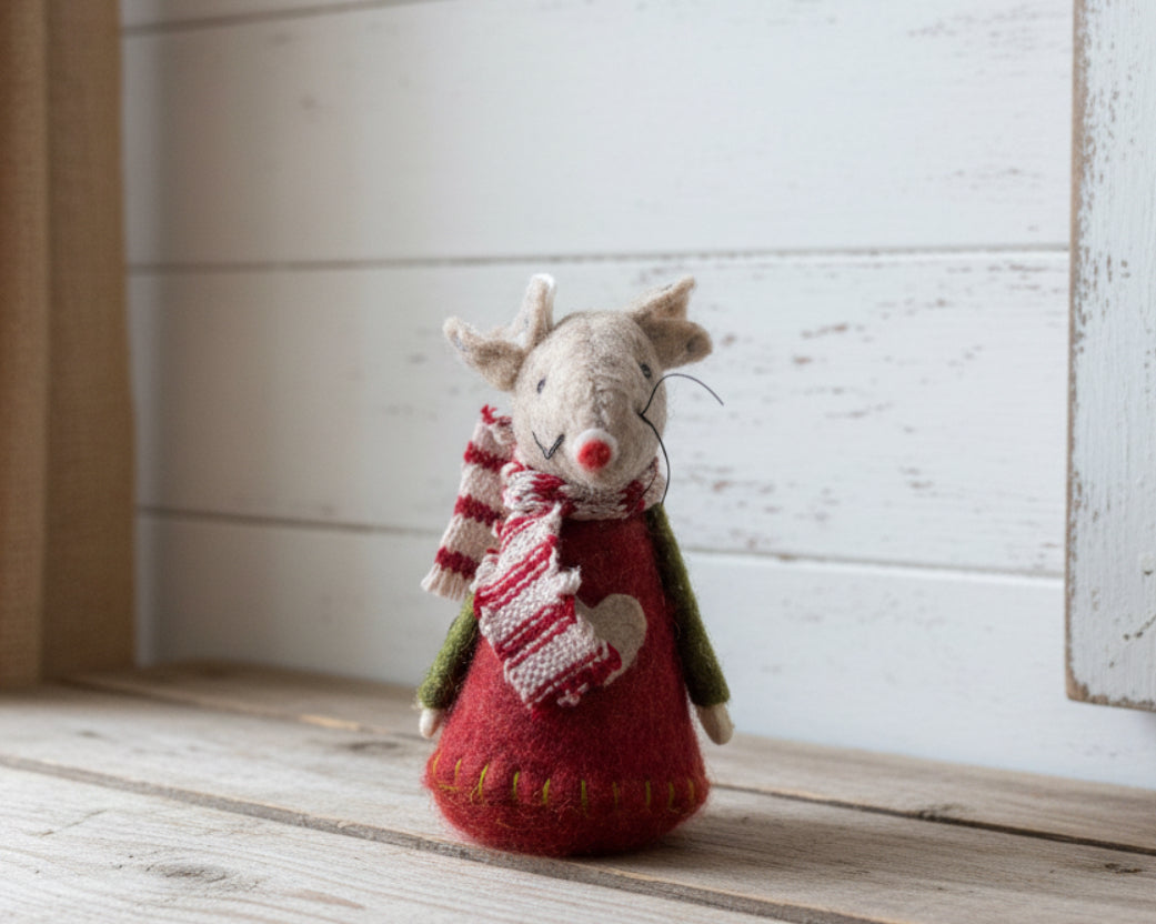 Mouse - standing or hanging red with green sleeves