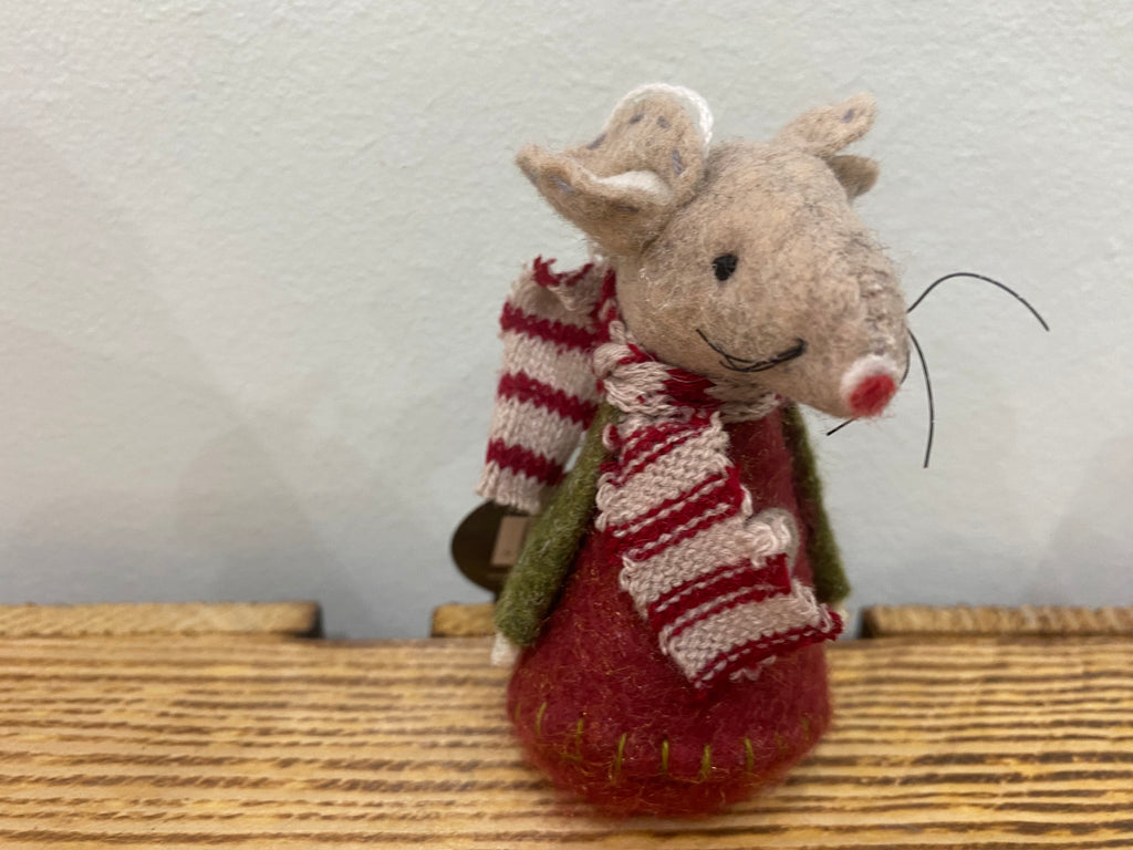 Mouse - standing or hanging red with green sleeves