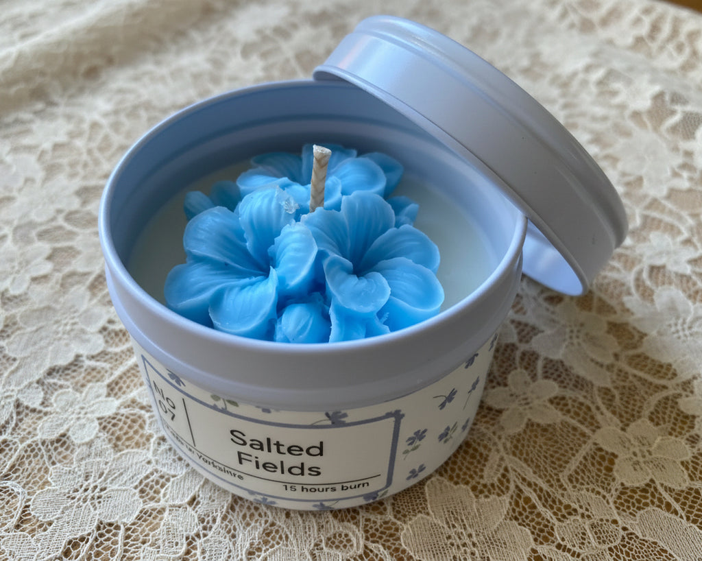 Hand poured tin candle with wax flower - Salted Fields