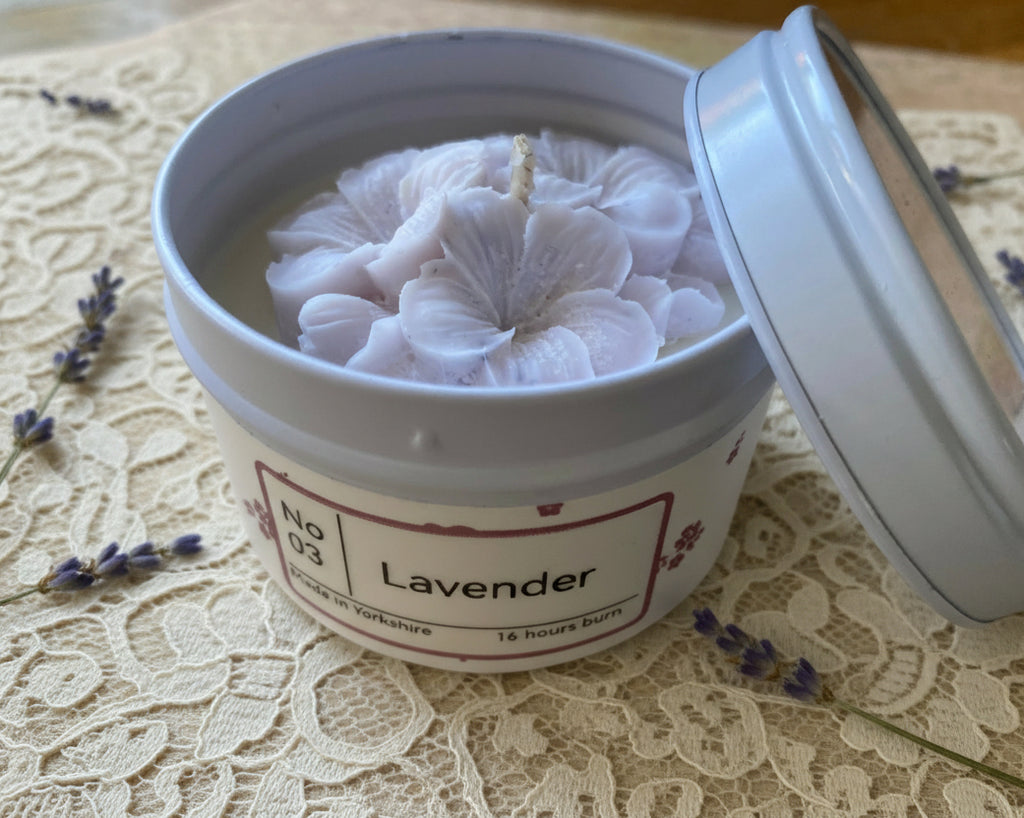 Hand poured Tin candle with wax floral design - Lavender