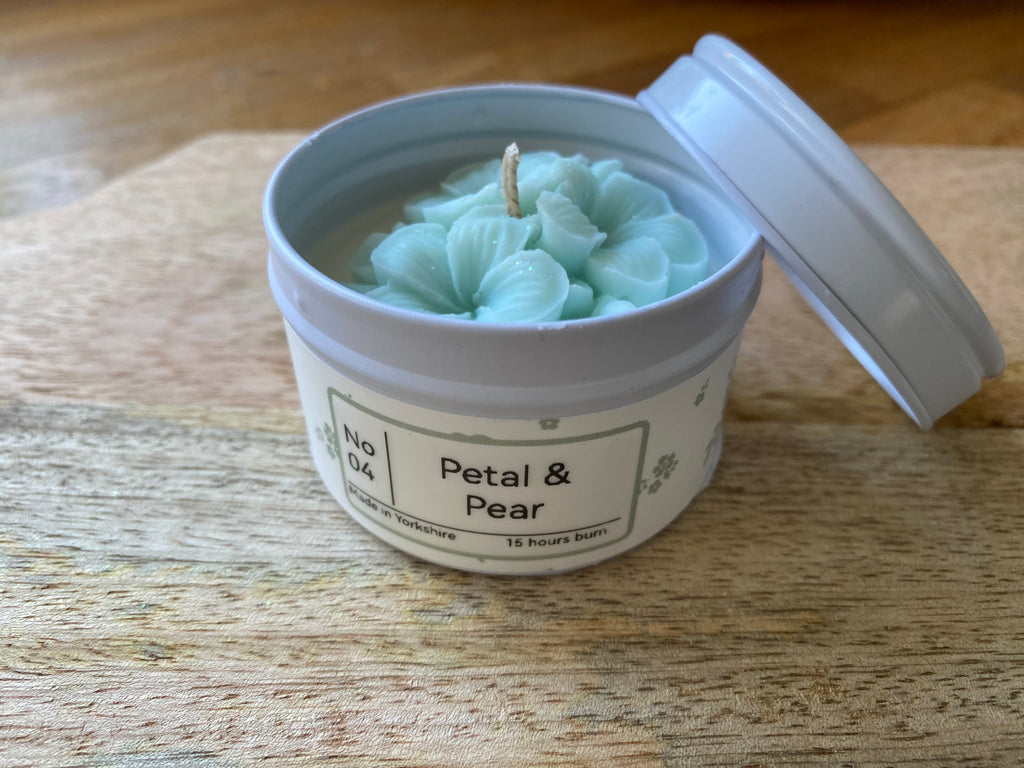 Hand poured Tin Candle with was flower - Petal & Pear