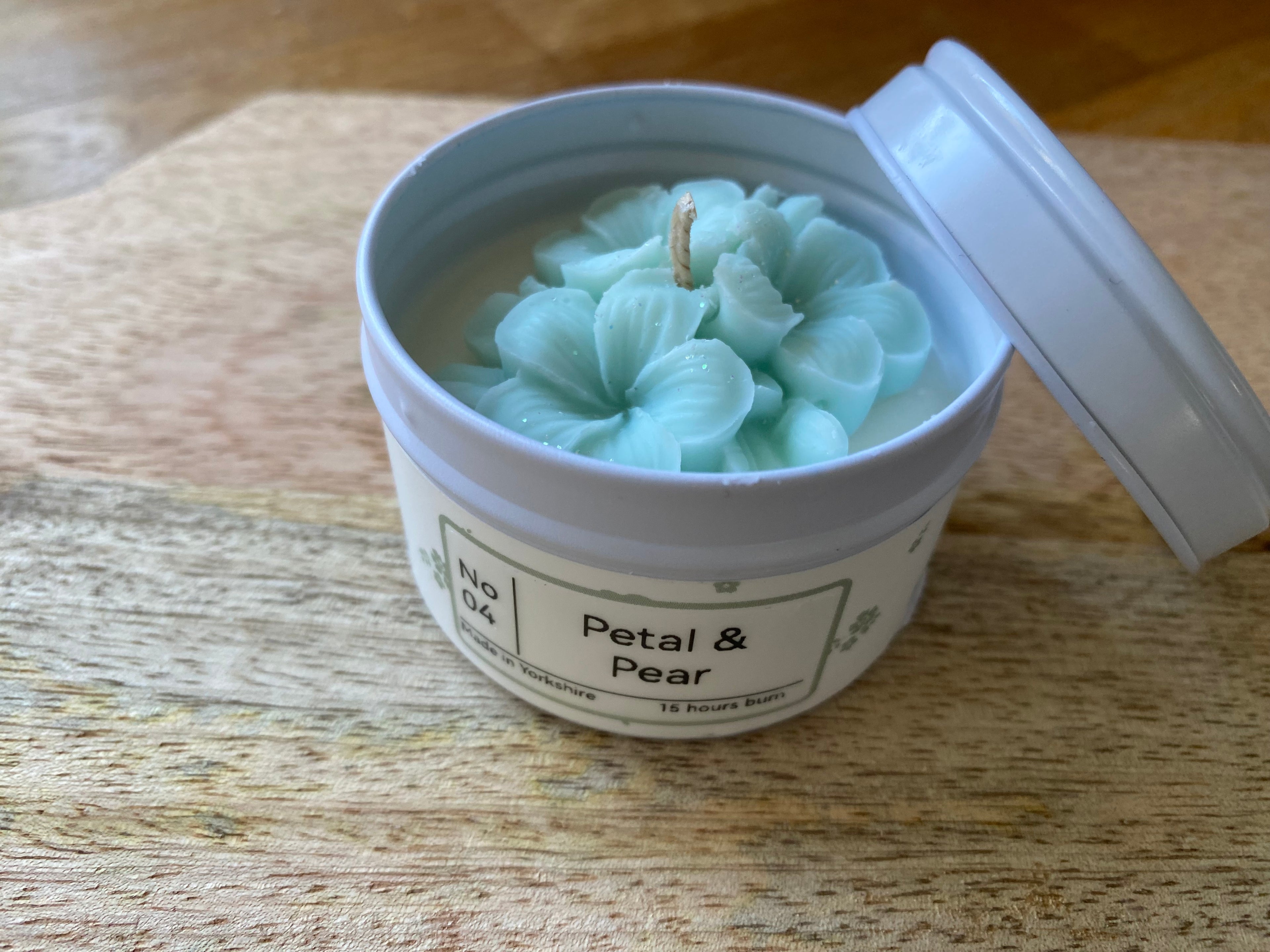 Hand poured Tin Candle with was flower - Petal & Pear